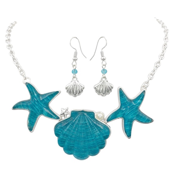 Blue Sea Shell Starfish Necklace Earrings Set - Picture 1 of 3